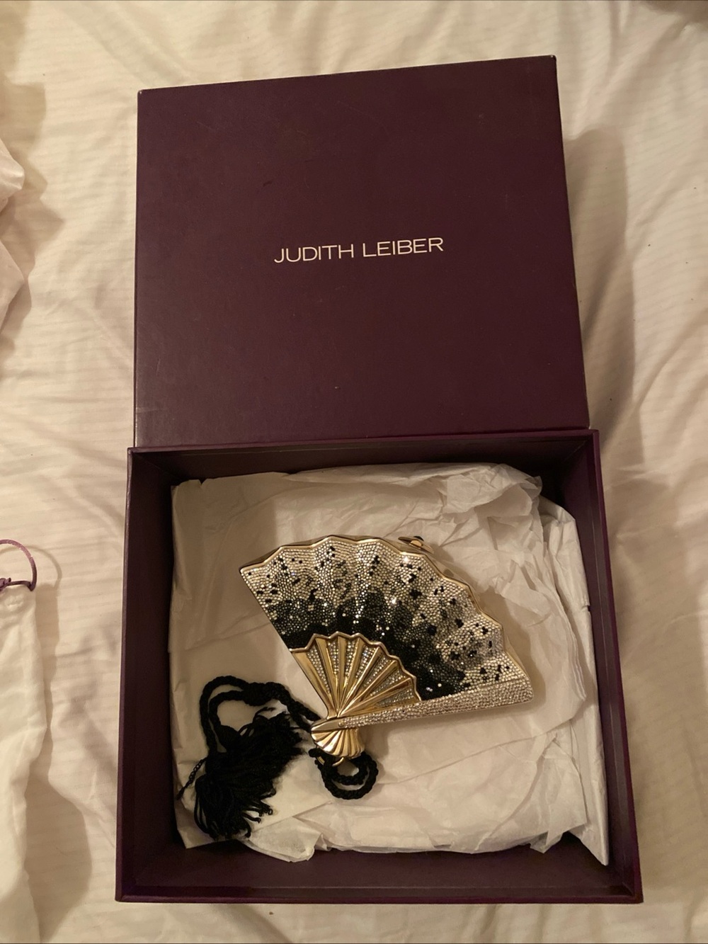 Vintage Judith Leiber Black, Gold & Silver Fan Minaudière